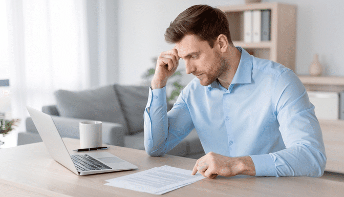 illojalitet i arbeidsforhold - mann ser på en pc og er stresset