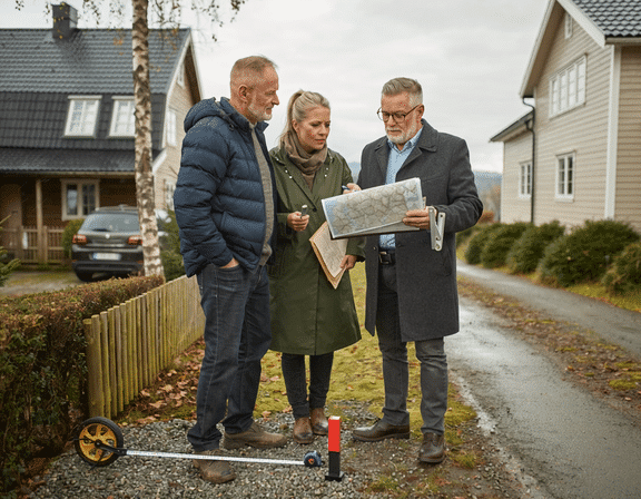 adkomst og grenseforhold - tre personer måler grensen til en eiendom