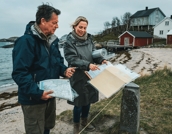 byggegrense strandsonen - to som måler opp ved stranden