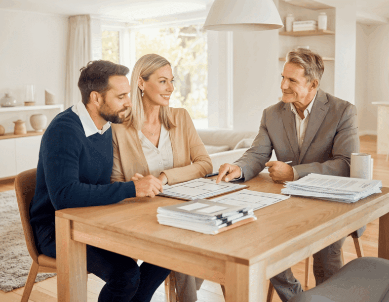 gjennomgang av salgsdokumenter - advokat går gjennom dokumenter med et par