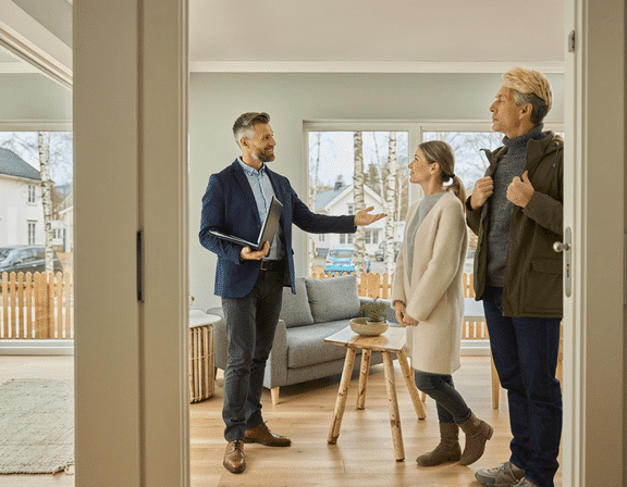 kjøp og salg av bolig - megler viser fram et hus