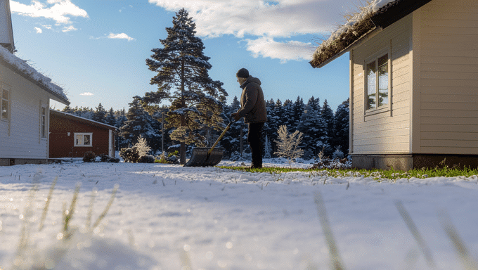 privat eiendom - mann måker snø på sin eiendom