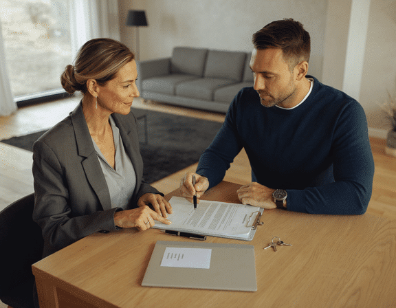 overtakelse - kvinne og mann ser på et dokument