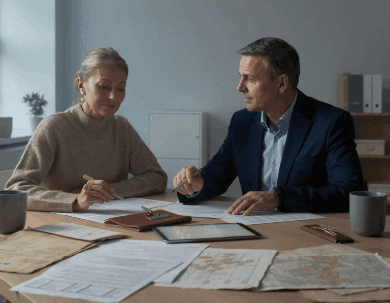 eiendomsdokumenter - to personer ser på kart og dokumenter