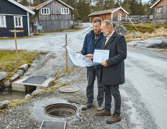 vann avløp adkomst - to menn ser på papirer foran et kumlokk
