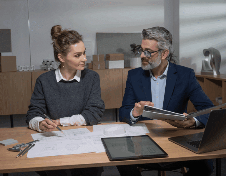 design og patenter - to personer ved et arbeidsbord