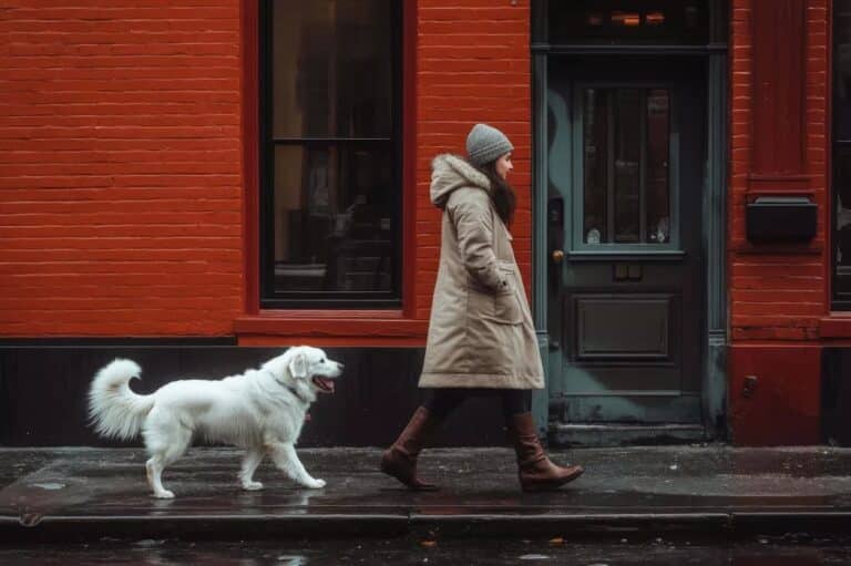 påkjørt som fotgjenger - dame som går på fortauet med en hund