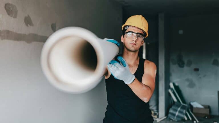 utbygging, vei vann og avløp, infrastruktur - mann bærer et rør